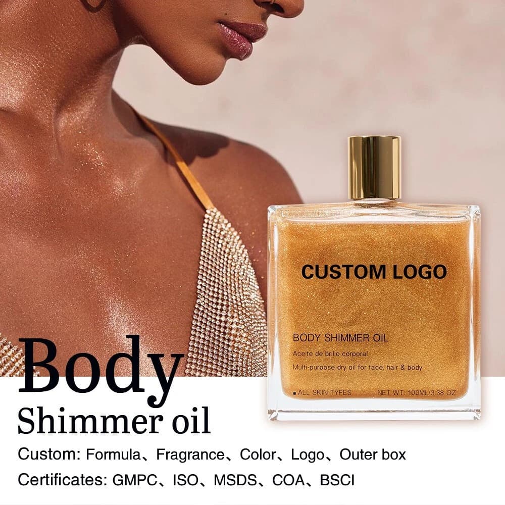 MLM Custom Highlighter Makeup Private Label Glitter Body Shimmer Oil for Skin Glow