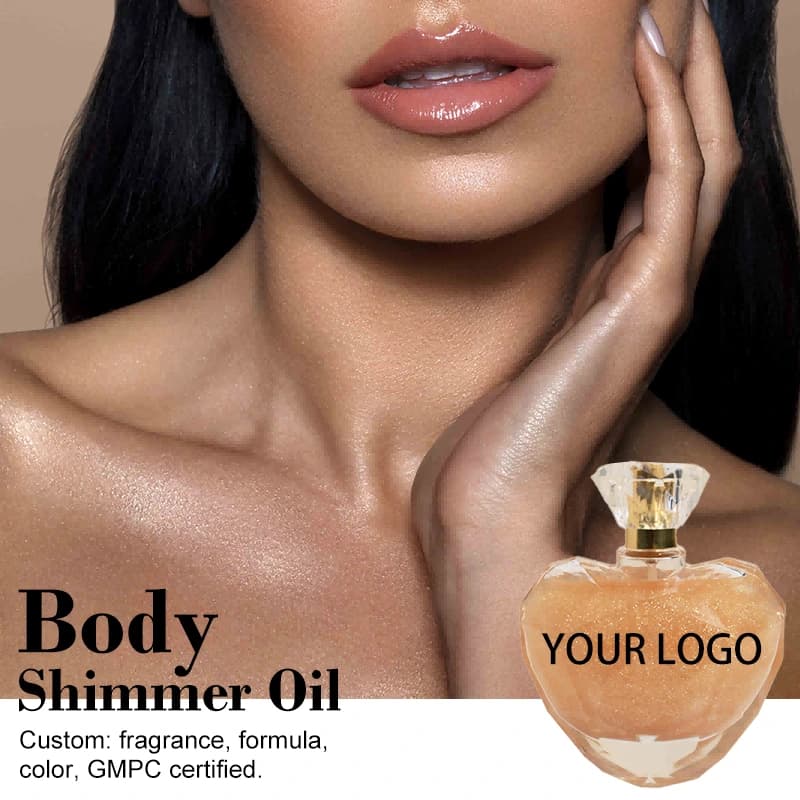 MLM Custom Heart Shape Bottle Private Label Makeup Face Glow Highlighter Liquid Glitter Body Shimmer Oil