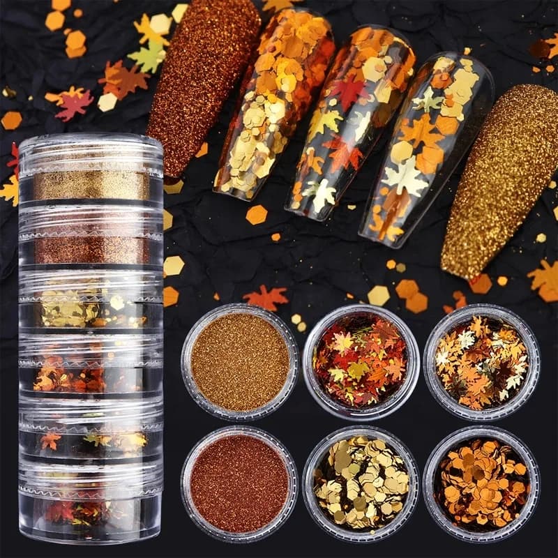 Glitter Supplier Customizes 6colors New Christmas Nail Powder Golden Orange Maple Leaf Blue White Snowflake Nail Sequins Set Nail Mirror Powder Formulation