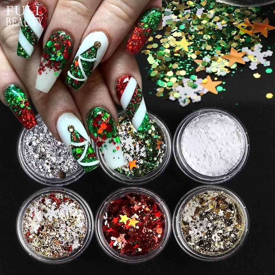 MLM Glitter Supplier Customizes 6 Jars/set Christmas Snowflake Glitter Set Powder Colorful Star Designs Manicure Christmas Nail Art Decoration For Nails
